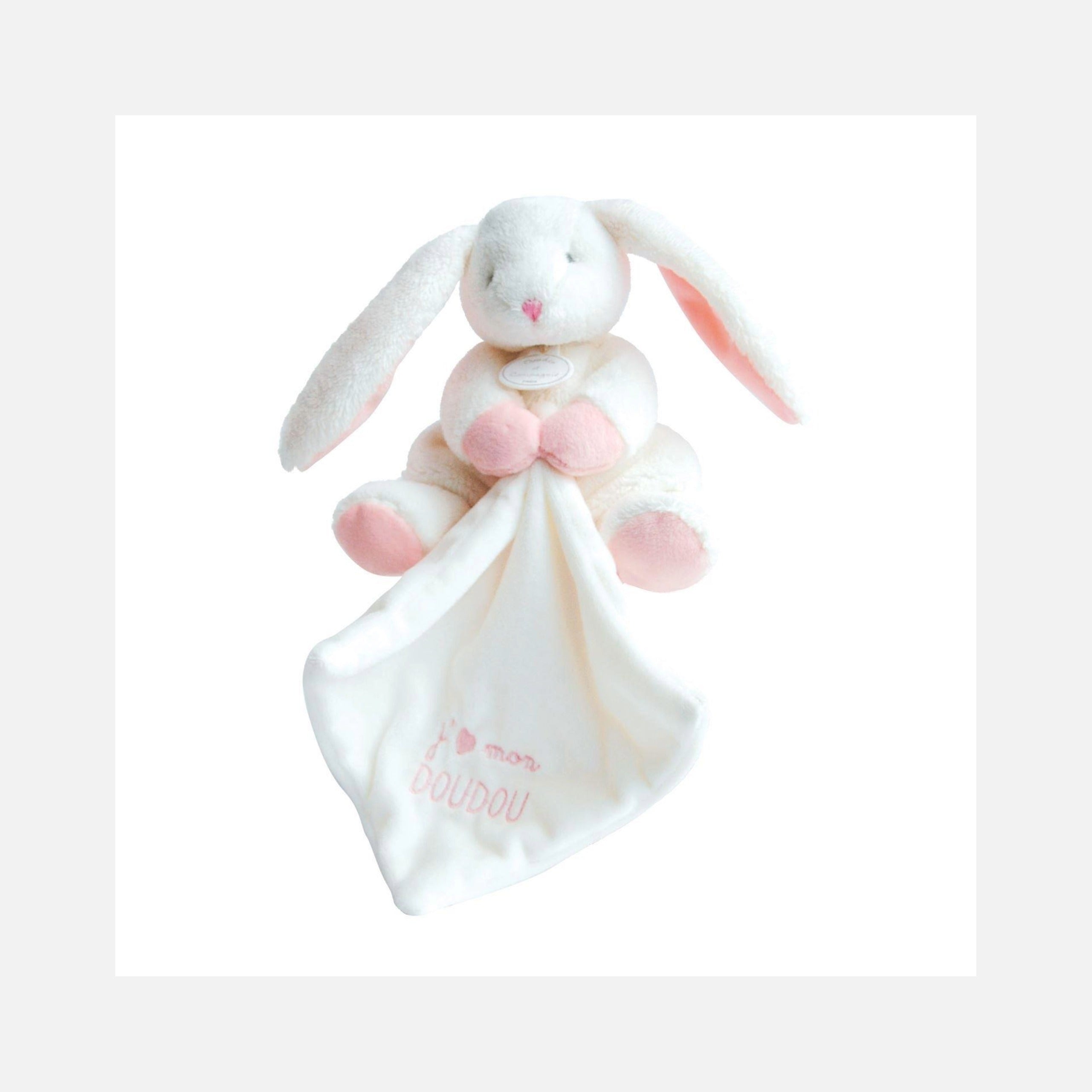 Doudou et Compagnie - Doudou Lapin Mouchoir - 10 cm - Blanc & Rose - 0m+